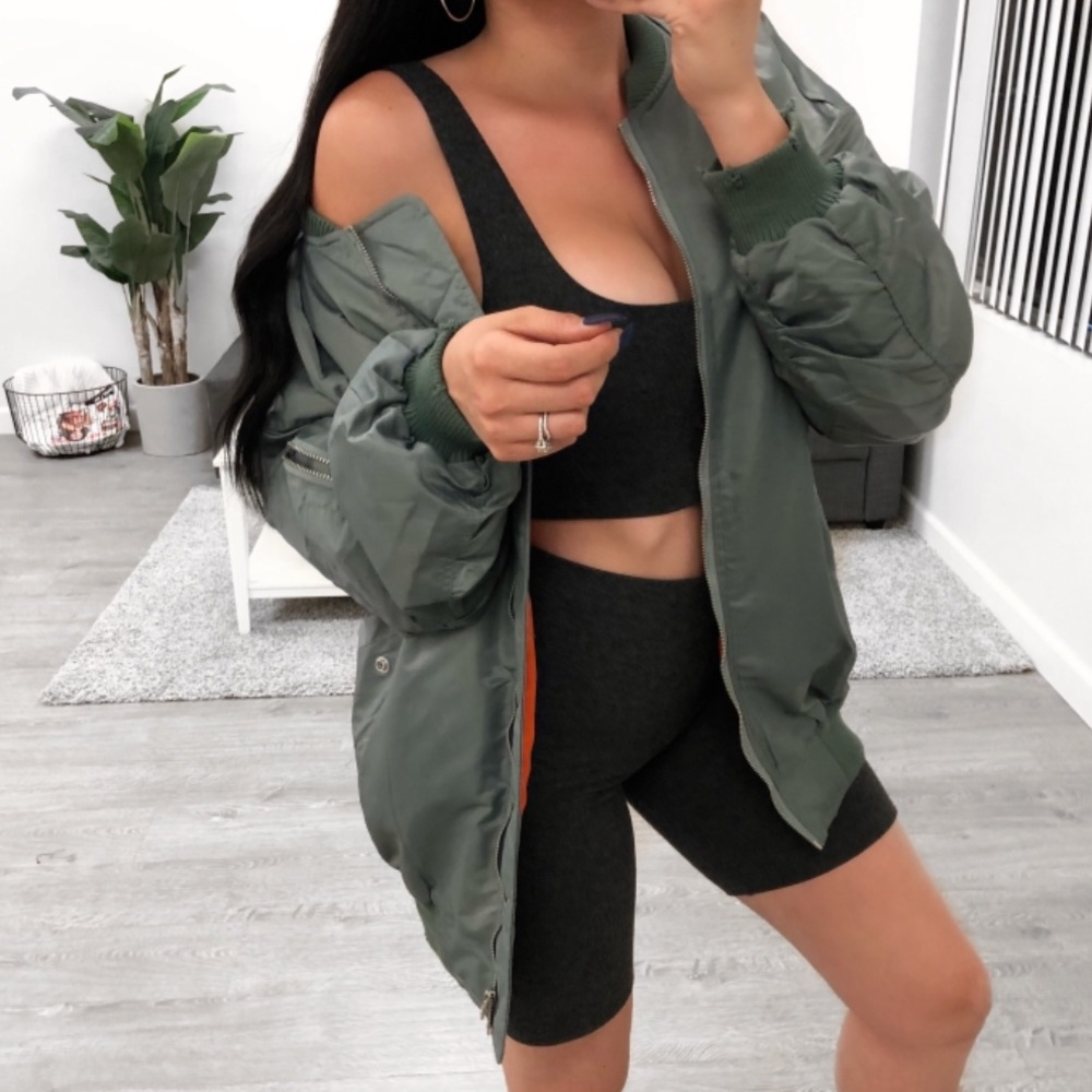 NEW Olive Green Loose Orange Lined Bomber Jacket